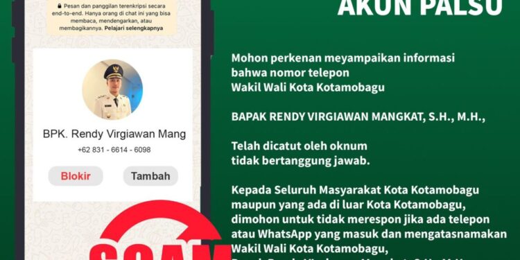 Waspada! Nomor Catut Nama Wawali Rendy Mangkat Beredar, Pemkot Kotamobagu: Itu Penipuan